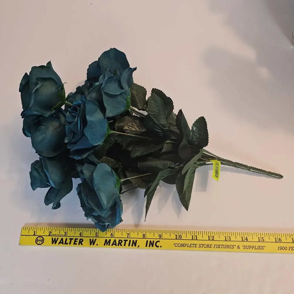 Silk Artificial Teal Rose Bush Lot of 2 Bushes, 4 in wide Blooms, 23 Roses total